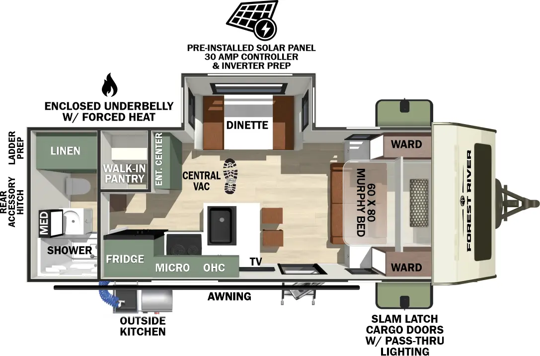 The No Boundaries NB20.4 floorplan has one entry and one slide out. Exterior features include: fiberglass exterior, 16' awning and outside kitchen. Interiors features include: murphy bed and rear bathroom.